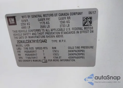 2017 Chevrolet Equinox Lt из США, поврежденный, VIN 2GNALCEK7H1613442